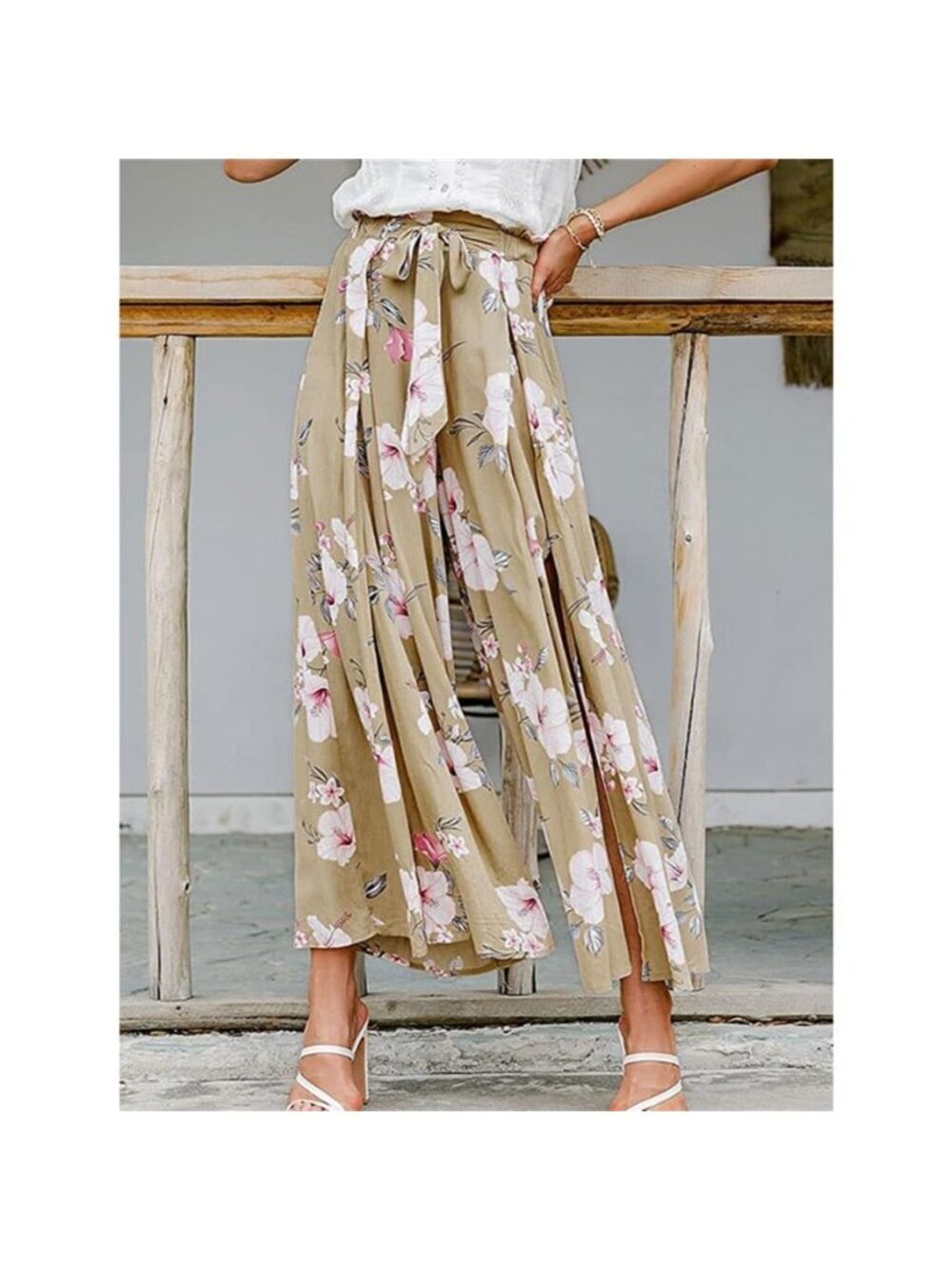 Tied Waist Slit Floral Wide leg Pants